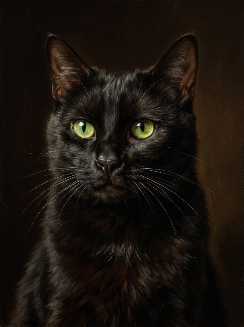 Oil portrait of a black cat with green eyes, rim-lit against a dark background
